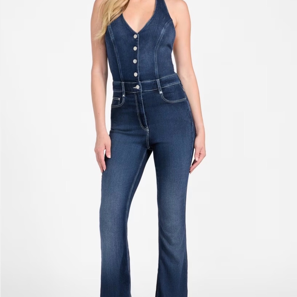 Guess Dark Blue Denim Halter Overalls Jumpsuit